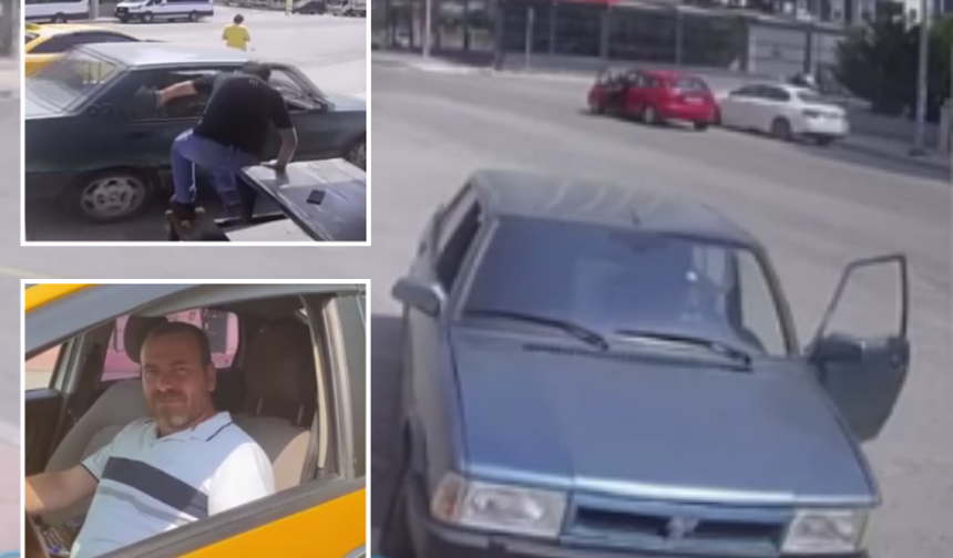 Kahraman taksici el freni çekilmeyen otomobile camdan daldı!