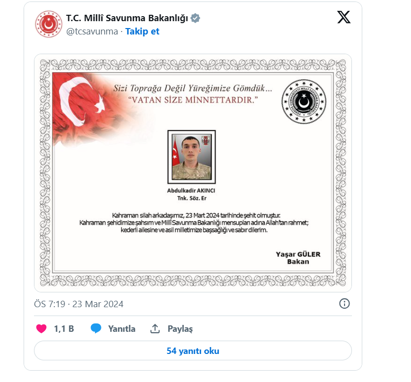 Bahar kalkanı harekatından şehit haberi!