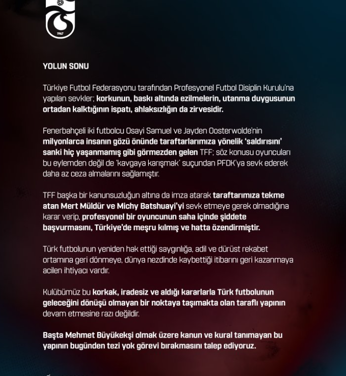 Trabzonspordan TFF ye istifa duyurusu