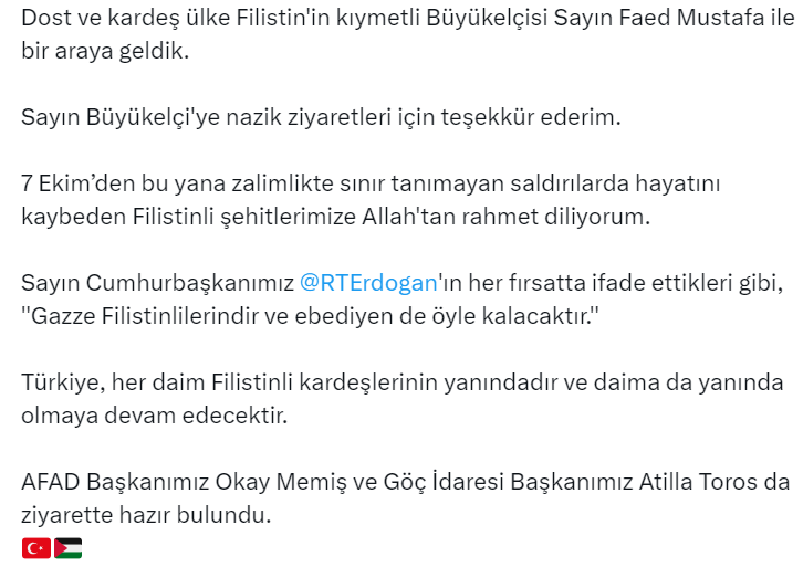 Bakan Yerlikaya Filistin Büyükelçisi ile görüştü